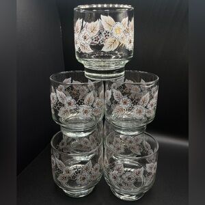 Vintage White/Gold 1950s Libbey Floral Tumblers Set of 7- Mid-Century Glassware